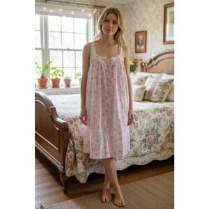 Eileen West Pink Floral Cotton Lace Nightgown Cottagecore Womens Small
